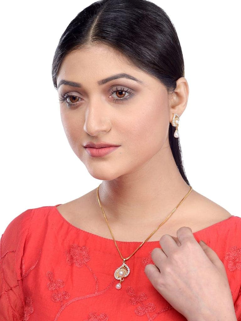 Gold plated AD and Pearl studded Unique leaf design Pendant Earrings set chain for Women & Girls view 2