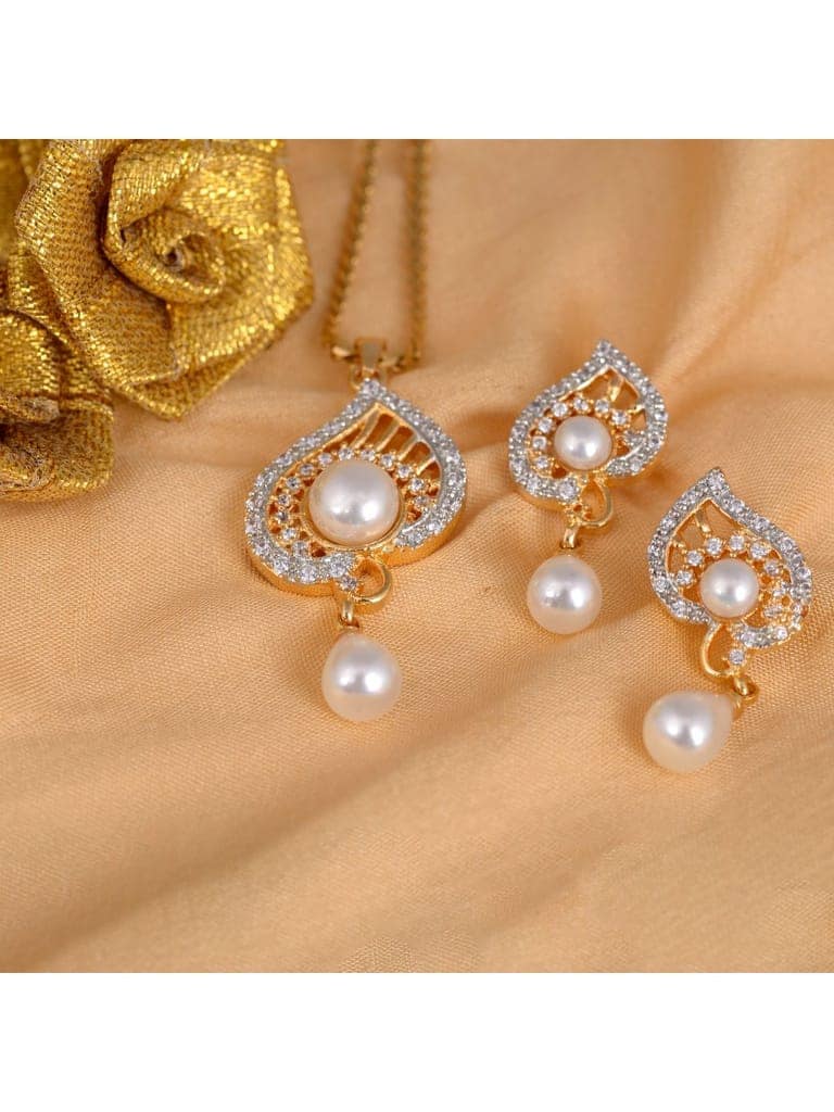 Gold plated AD and Pearl studded Unique leaf design Pendant Earrings set chain for Women & Girls view 3