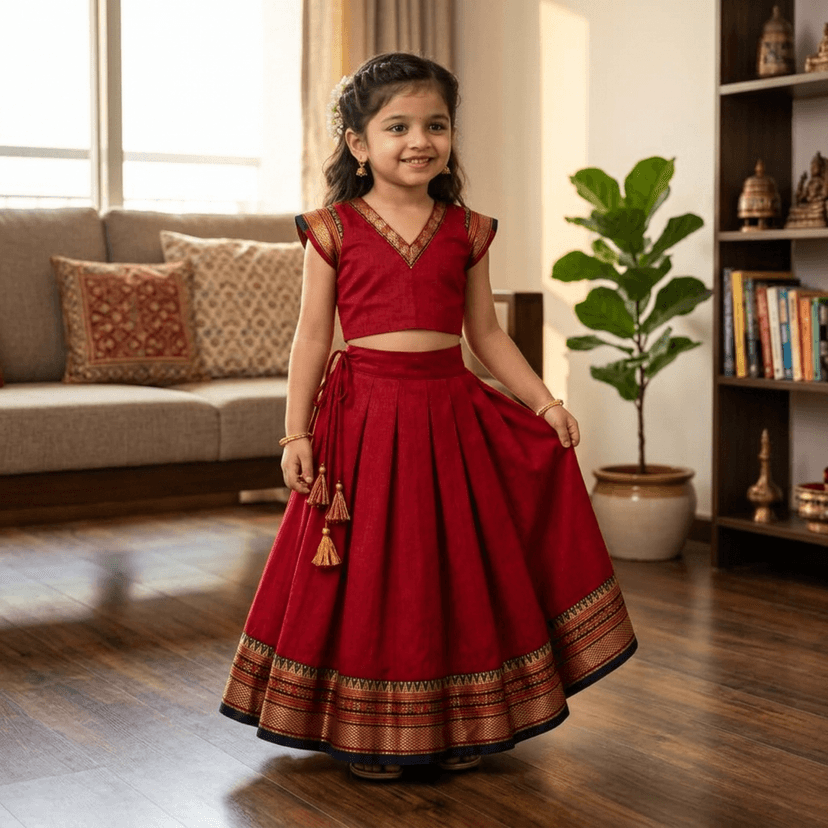 Mom and Me Girls’ Lehenga Choli/Parker Polka/Pattu Pavadai (0 Months–6 Years) | Acrylic Cotton with Soft Cotton Lining | V-Neck, Short Puff Sleeves, Zipper Closure (Red, 12-18 M) view 3
