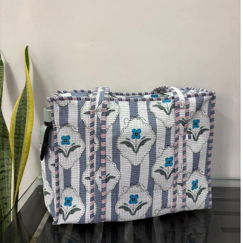 Amber Lines Block Print Quilted Cotton Tote Bag With Pouch Set Of 4 Grey 15"X15" view 2