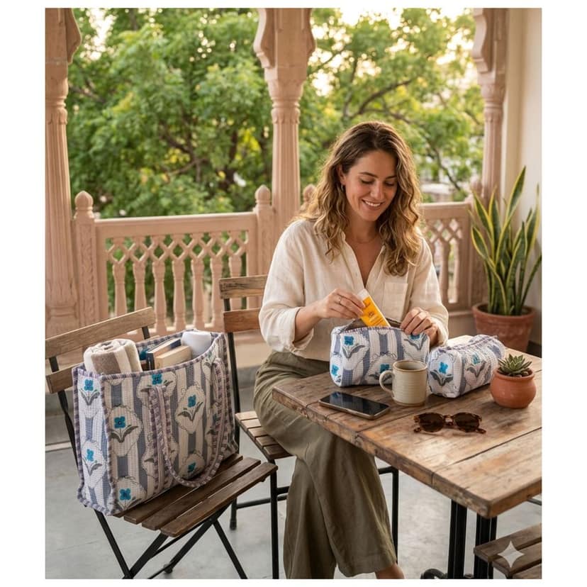 Amber Lines Block Print Quilted Cotton Tote Bag With Pouch Set Of 4 Grey 15"X15" view 5