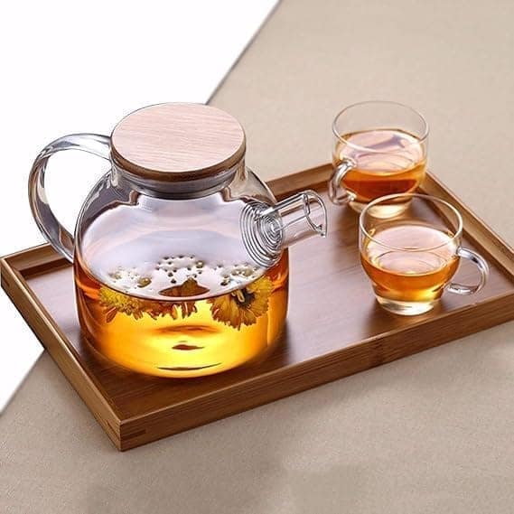Glass Teapot with Wooden Lid, 1000 ML, Set of 1, Kettle with Glass Handle, Perfect for Loose Leaf Tea & Blooming Coffee Maker, Safe On Stovetop & Heat-Resistant But Hand Washing is Recommended. view 2