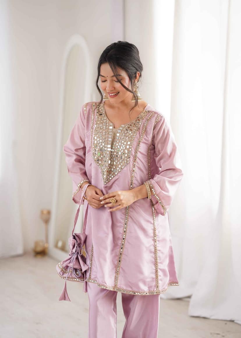 Real Mirror Work Kurti Pant Set with Batwa Bag