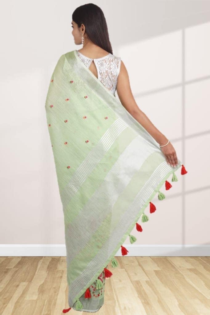 Mint Green Linen Saree With Modish Work view 2