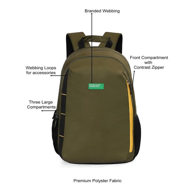 United Colors of Benetton Fabio 30L Backpack, Water-Resistant, 3-Compartment Design, Stylish & Functional for College & Travel, with 1-Year Warranty view 3