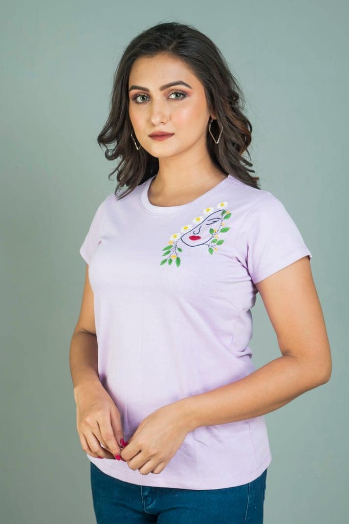 Lavender coloured hand embroidered Women’s cotton T shirt
