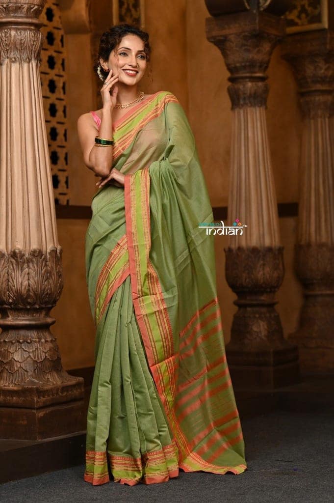 Parampara ~ Cotton Blend Saree in Regal Leaf Green with Exclusive Zari Border & Pallu