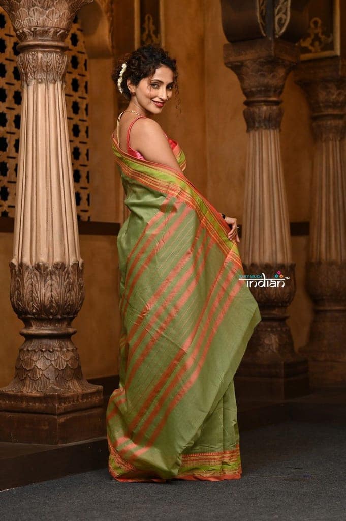 Parampara ~ Cotton Blend Saree in Regal Leaf Green with Exclusive Zari Border & Pallu view 3
