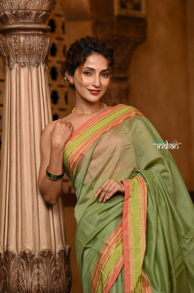 Parampara ~ Cotton Blend Saree in Regal Leaf Green with Exclusive Zari Border & Pallu view 5