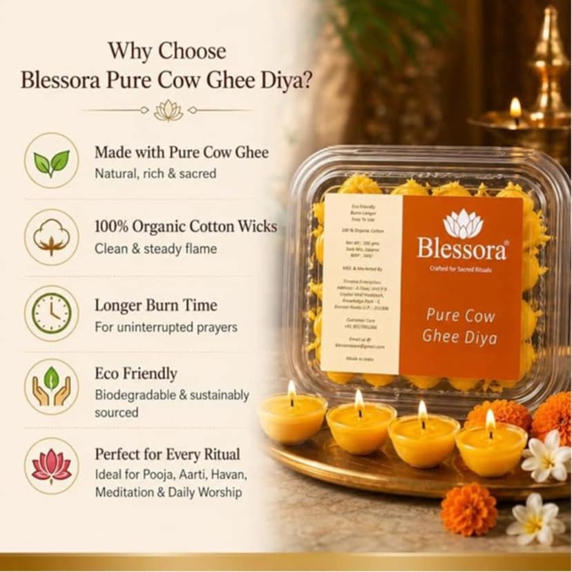 Pure Ghee Cotton Wicks Diya Batti - Ready Ghee Diyas for Pooja | Long Lasting Aarti Use | Temple Daily Worship (50 Pieces) view 2