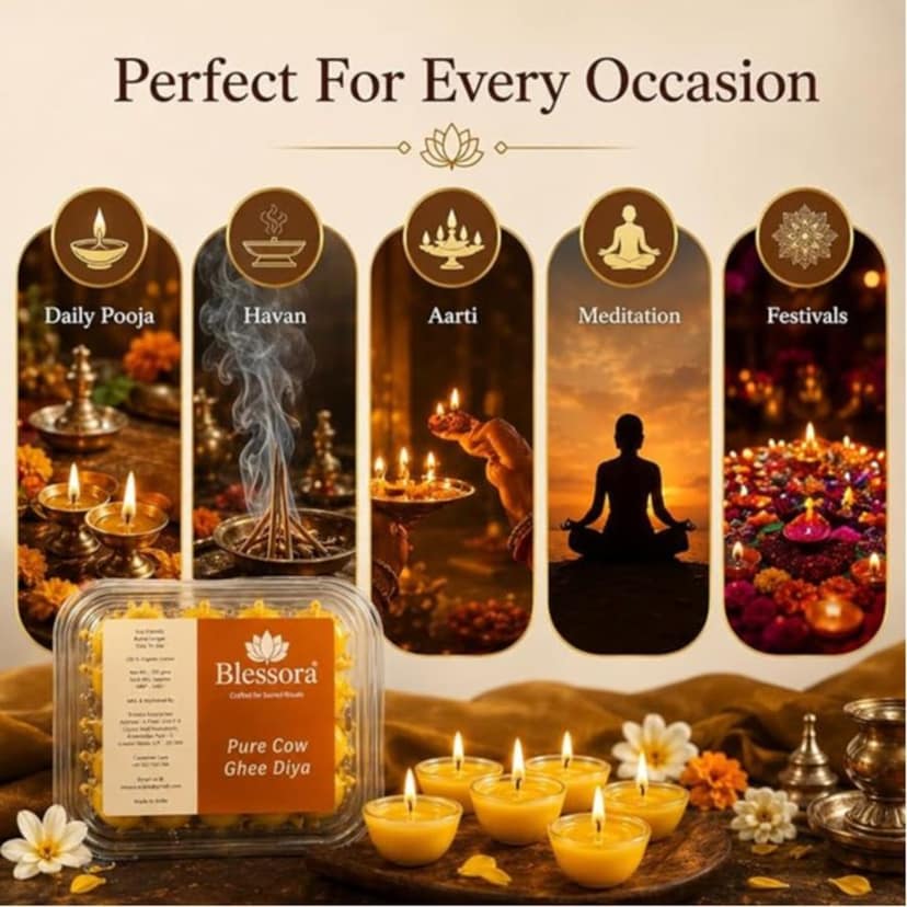 Pure Ghee Cotton Wicks Diya Batti - Ready Ghee Diyas for Pooja | Long Lasting Aarti Use | Temple Daily Worship (50 Pieces) view 5