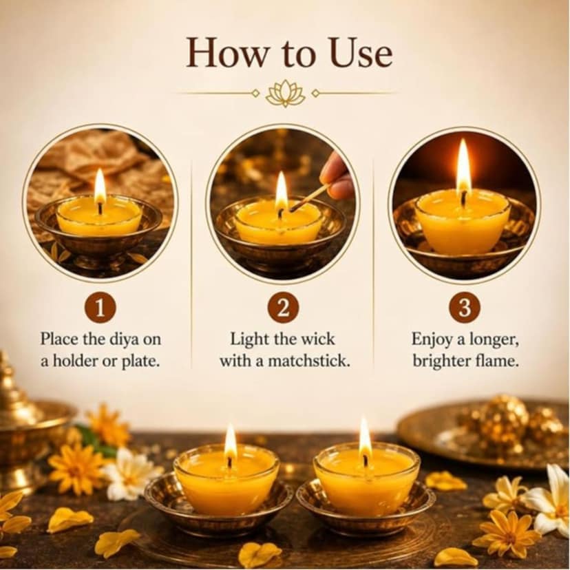 Pure Ghee Cotton Wicks Diya Batti - Ready Ghee Diyas for Pooja | Long Lasting Aarti Use | Temple Daily Worship (50 Pieces) view 6
