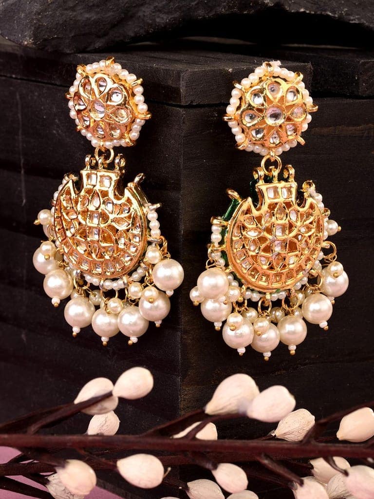 Off White Gold Toned Kundan Studded & Pearl Beaded Chandbalis view 2