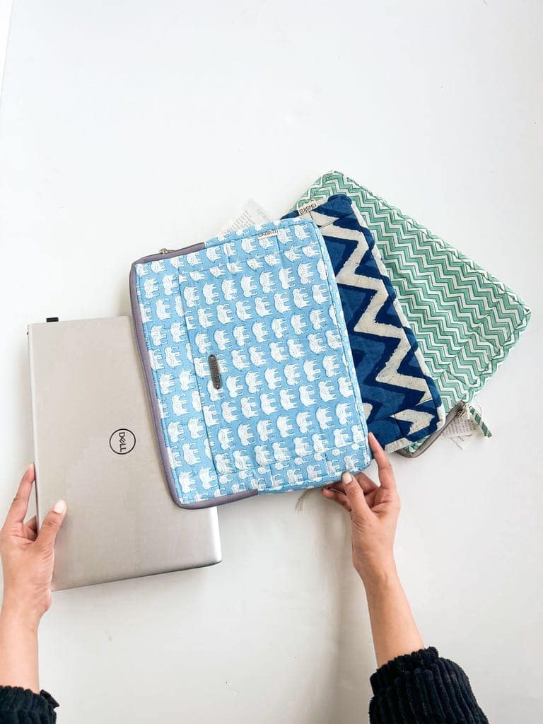 Sustainable Handmade Cotton Laptop Sleeve/Laptop Cover by Ekatra - Green chevron view 2