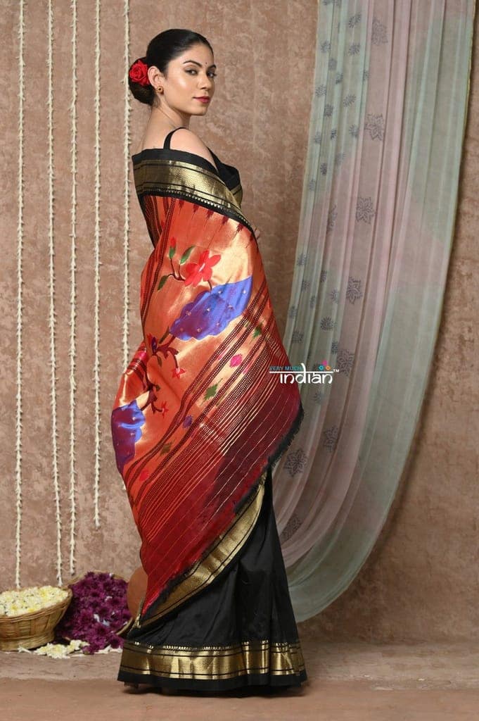Tyohaar ~ Handloom Pure Silk Paithani Saree with Handcrafted Peacock Floral Pallu ~ Black (By Government Certified Weavers) view 2