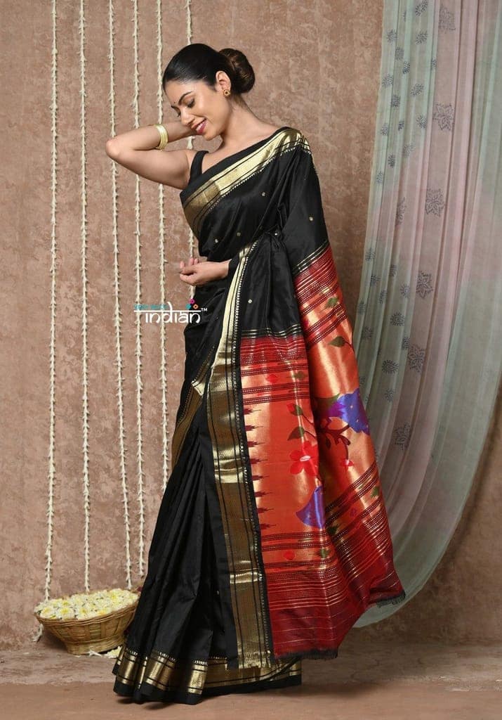 Tyohaar ~ Handloom Pure Silk Paithani Saree with Handcrafted Peacock Floral Pallu ~ Black (By Government Certified Weavers) view 3
