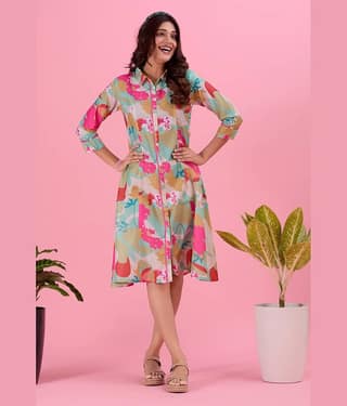 Amarasha Women Cotton Blend Printed Fit & Flare Dress ( Pink )