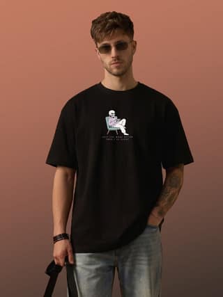 The Retro India Men’s Oversized Black Cotton T-Shirt Minimal Skeleton Graphic Print | Premium DTF Printed Stylish Streetwear Tee | Trendy Designer Mens Oversize Fit Casual Wear