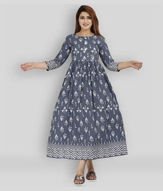 EXPORTHOUSE - Grey Cotton Women's Flared Kurti ( Pack of 1 )