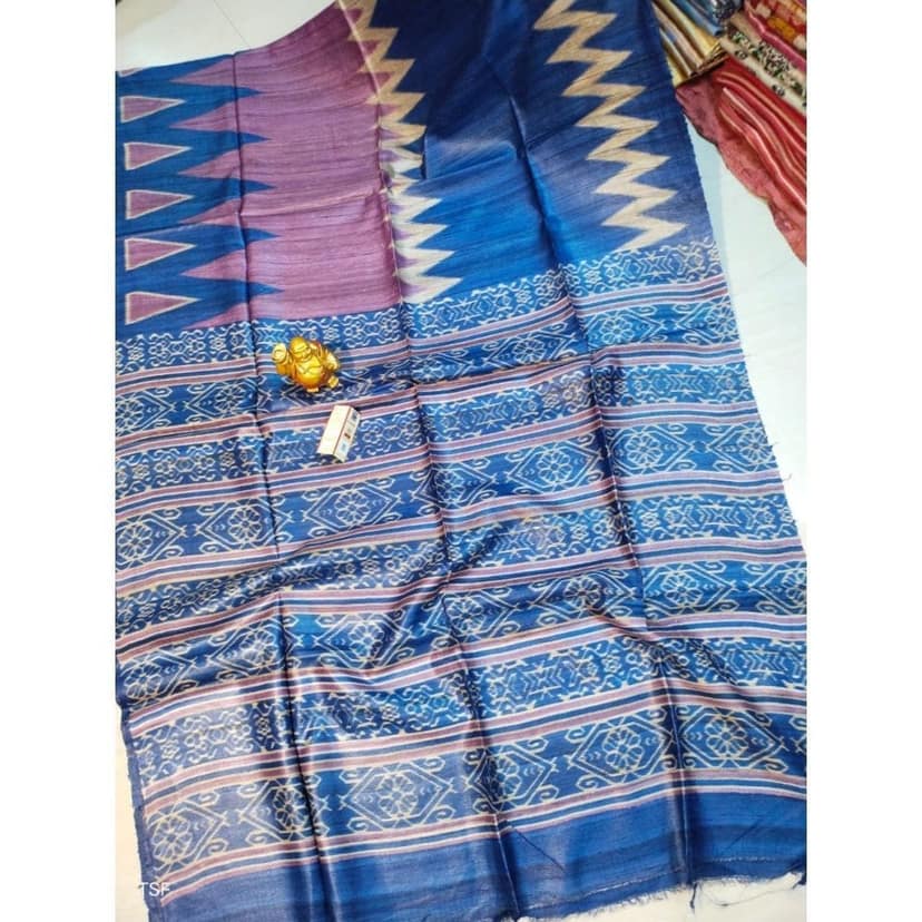 Silkmark Certified Tussar Silk Madhubani Block Print Blue Saree with Blouse-6959