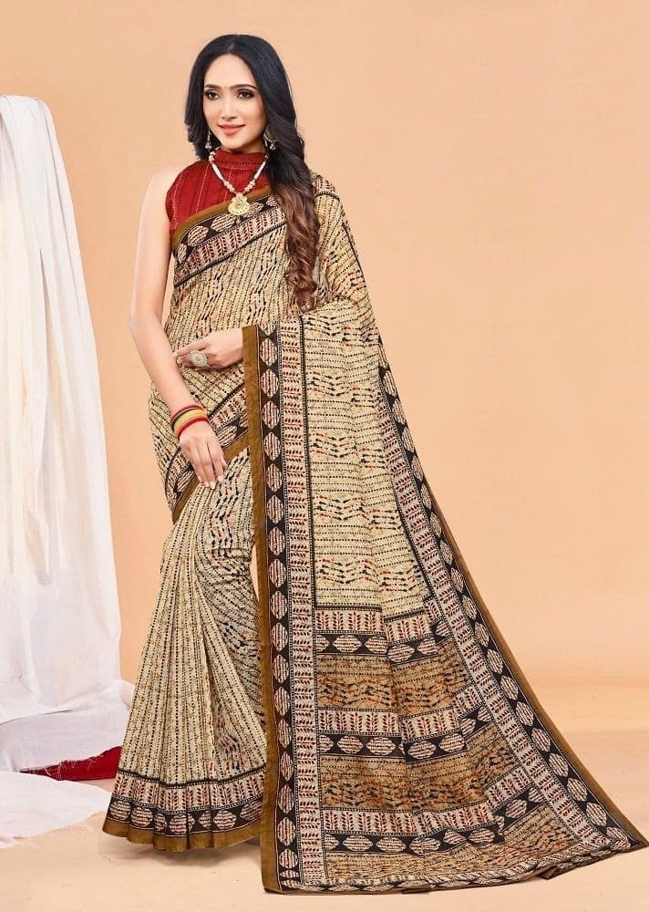Batik Printed Chanderi Cotton Saree in Beige