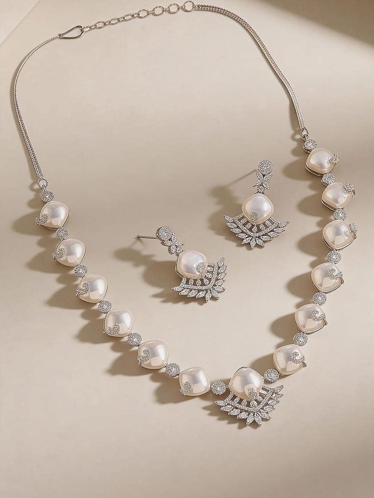 Silver Plated AD & Pearl Studded Designer Cocktail Jewellery Set view 2