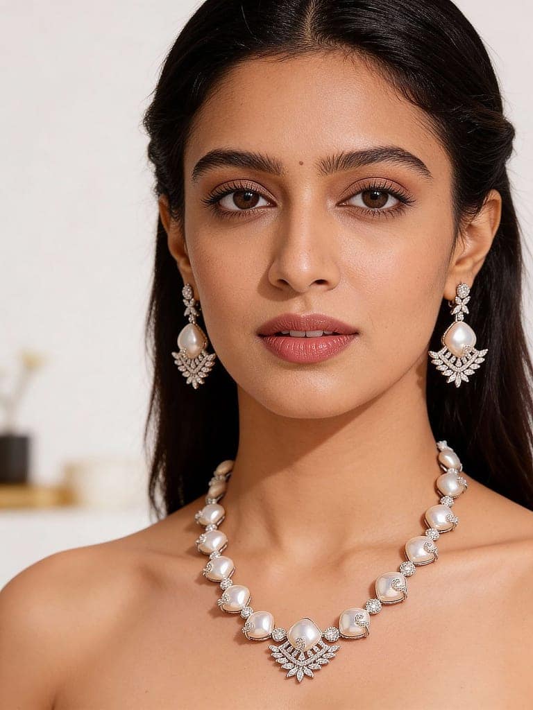 Silver Plated AD & Pearl Studded Designer Cocktail Jewellery Set view 3