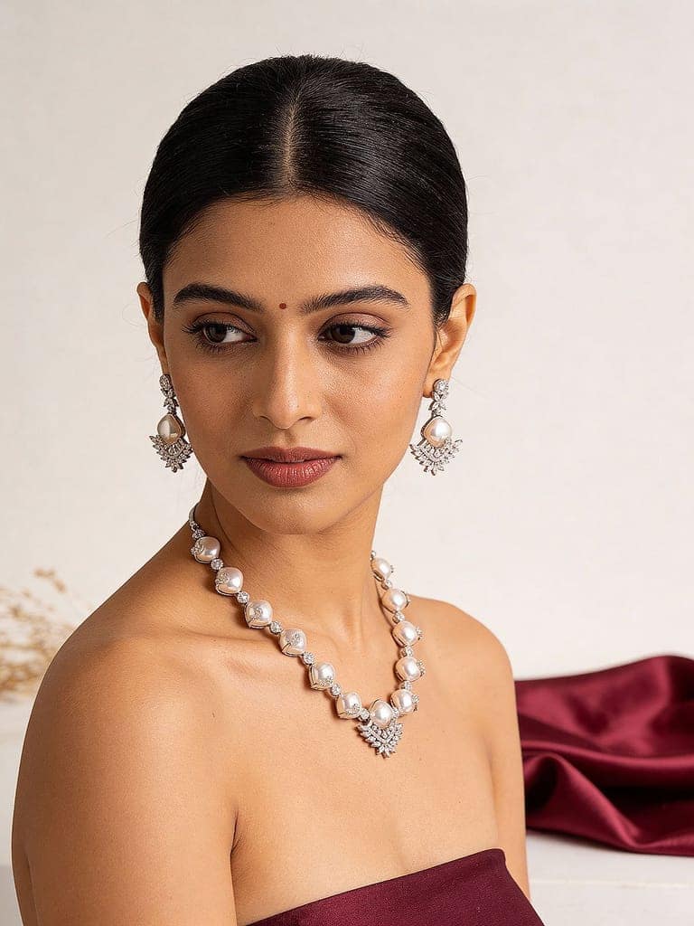 Silver Plated AD & Pearl Studded Designer Cocktail Jewellery Set view 4
