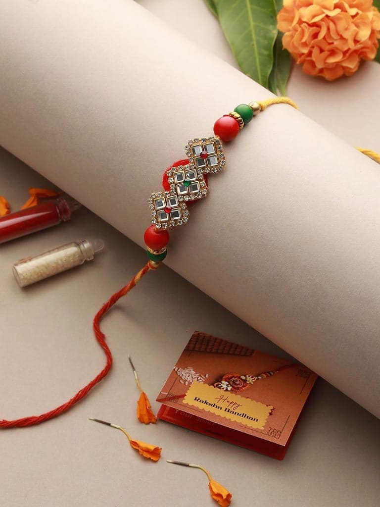 Red Kundan Studded Luxe Rakhi with Roli Chawal view 2