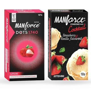 MANFORCE Cocktail Condoms with Dotted-Rings Strawberry & Vanilla Flavoured- 10 Pieces & Extra Dotted Litchi Flavoured Condoms - 10 Pieces Condom (Set of 2 20 Sheets)