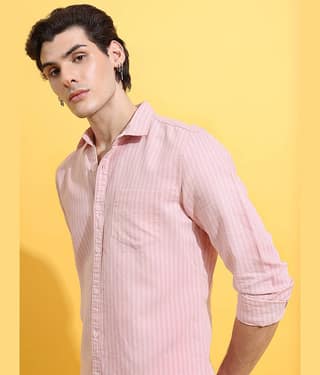 Highlander Cotton Blend Slim Fit Striped Full Sleeves Men's Casual Shirt - Pink ( Pack of 1 )