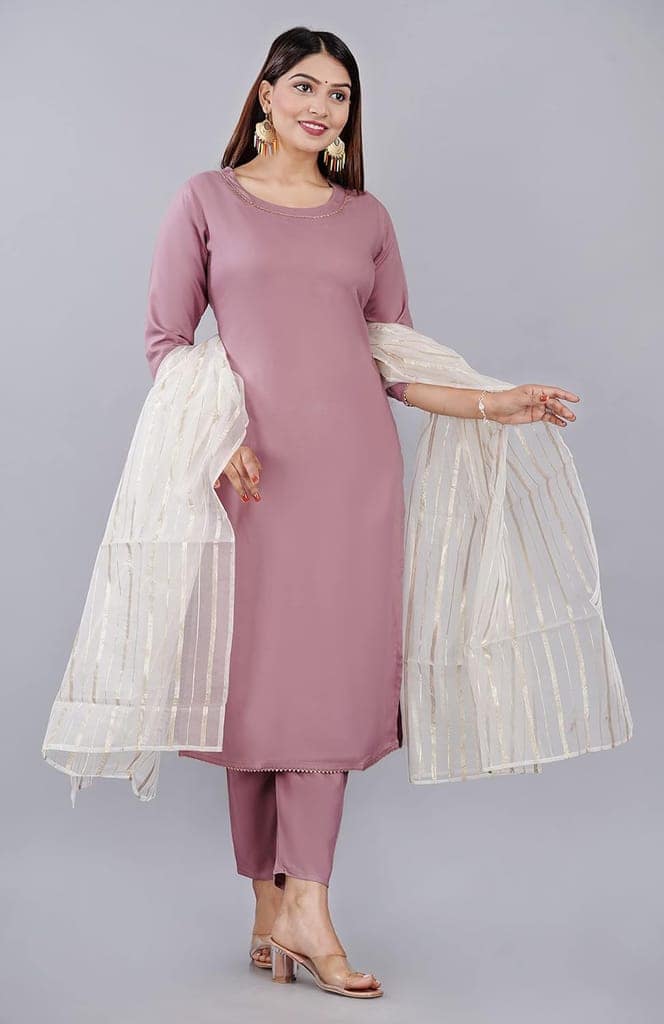 MANMAYEE Indian Tunic & Tops Women's Chanderi Rayon Straight Kurti With Pant & Chiffon Dupatta | Chanderi Kurti Set For Women view 3