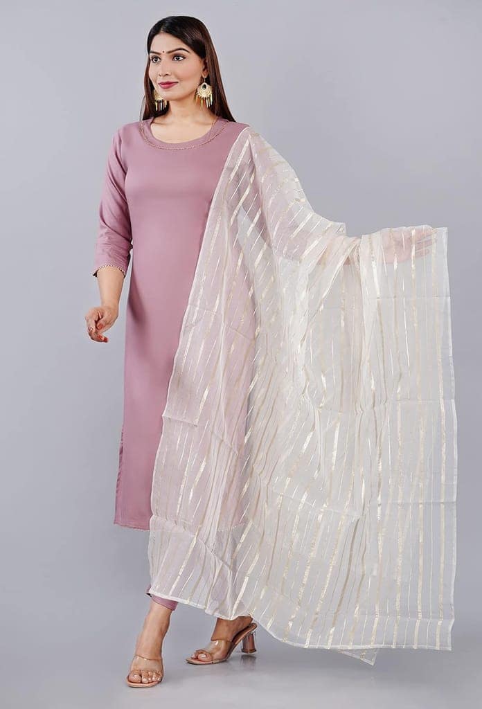 MANMAYEE Indian Tunic & Tops Women's Chanderi Rayon Straight Kurti With Pant & Chiffon Dupatta | Chanderi Kurti Set For Women view 4