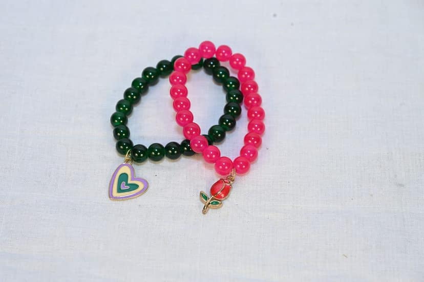 Trendy Green and Pink Beaded Charm Bracelet Set