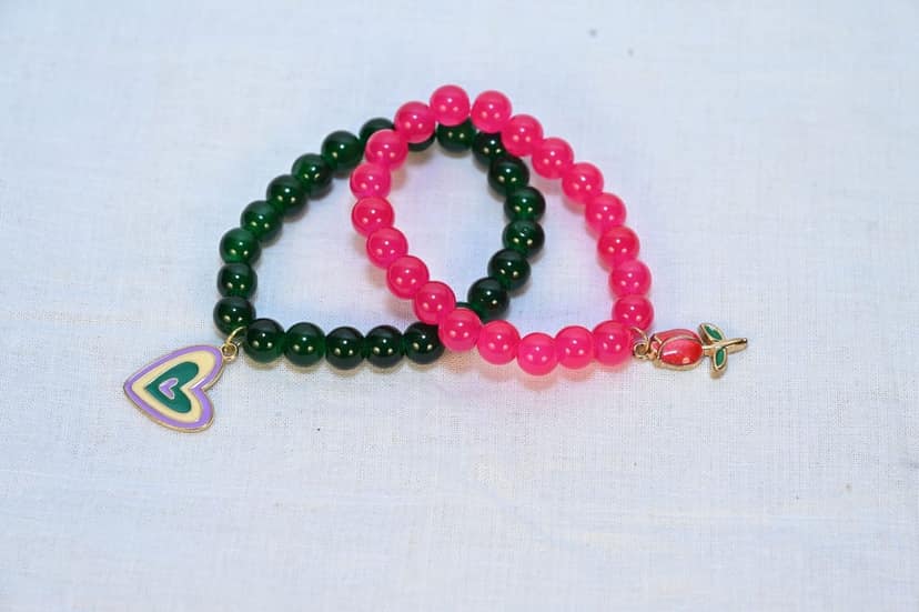 Trendy Green and Pink Beaded Charm Bracelet Set view 2
