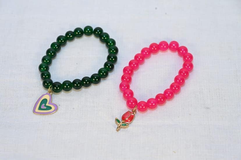 Trendy Green and Pink Beaded Charm Bracelet Set view 3
