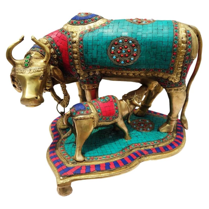 Handcrafted Big Brass Gaye Bachadha Murti with Stone Work - Auspicious Cow Calf Showpiece, Height : 13.5 Inch(BSMAS146) view 2