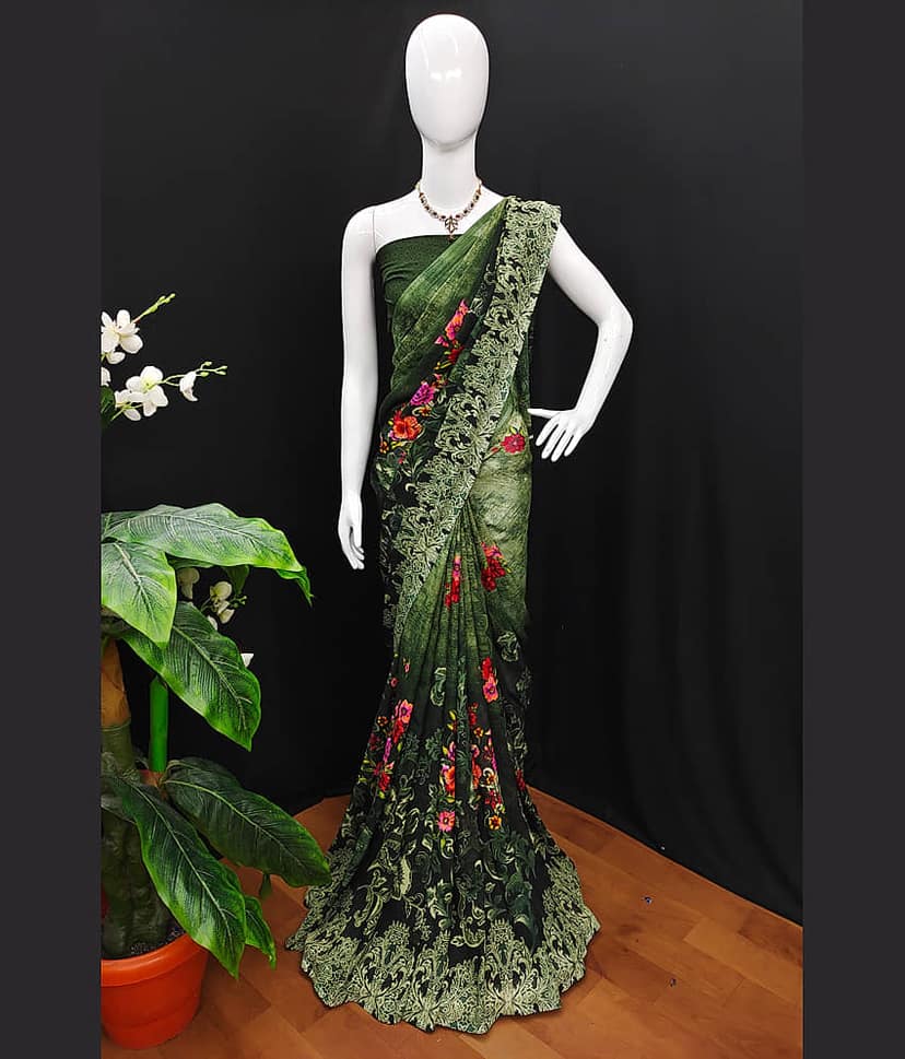ANAND SAREES Georgette Printed Saree With Unstitched Blouse Piece ( Green )