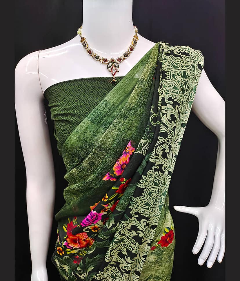 ANAND SAREES Georgette Printed Saree With Unstitched Blouse Piece ( Green ) view 2