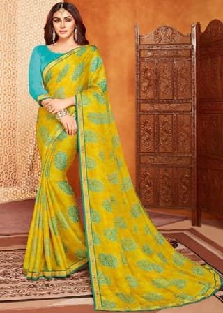 Digital Printed Georgette Saree in Yellow
