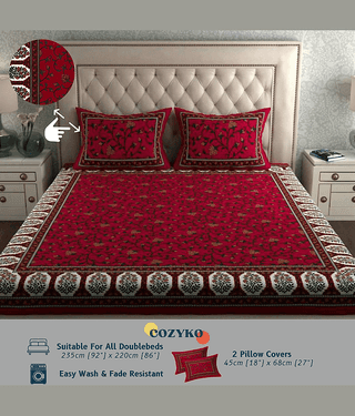 COZYKO Cotton 1 Double Bedsheet with 2 Pillow Covers ( Red )