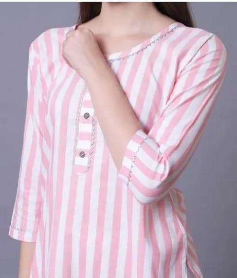 Women's Pink Striped Kurta with Pant Set view 2