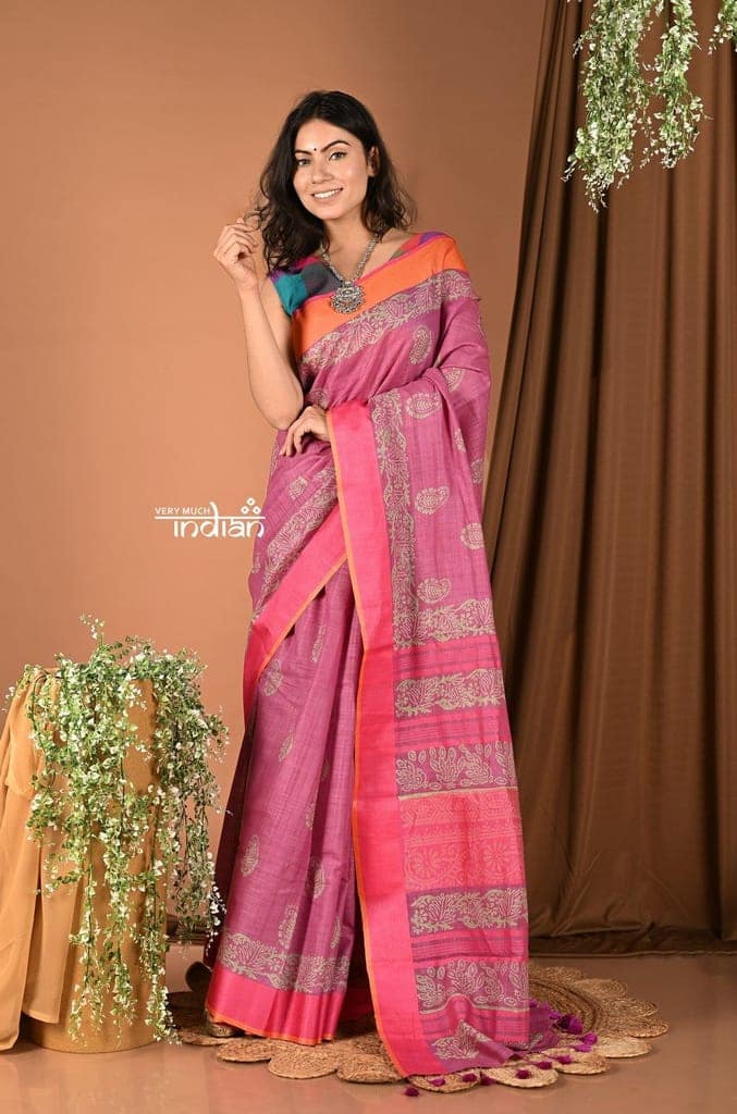 Khadi Handloom - Pure Cotton Handblock Printed Saree - Magenta Pink view 2