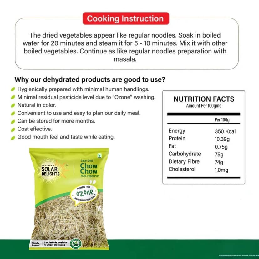 DR. RENGA'S Solar DELIGHTS Solar Dried Chow Chow Grated (Chayote) | 100g | Natural Dehydrated Vegetables Pear | Ready to Cook in Curries, Sambar & Stir Fry view 5