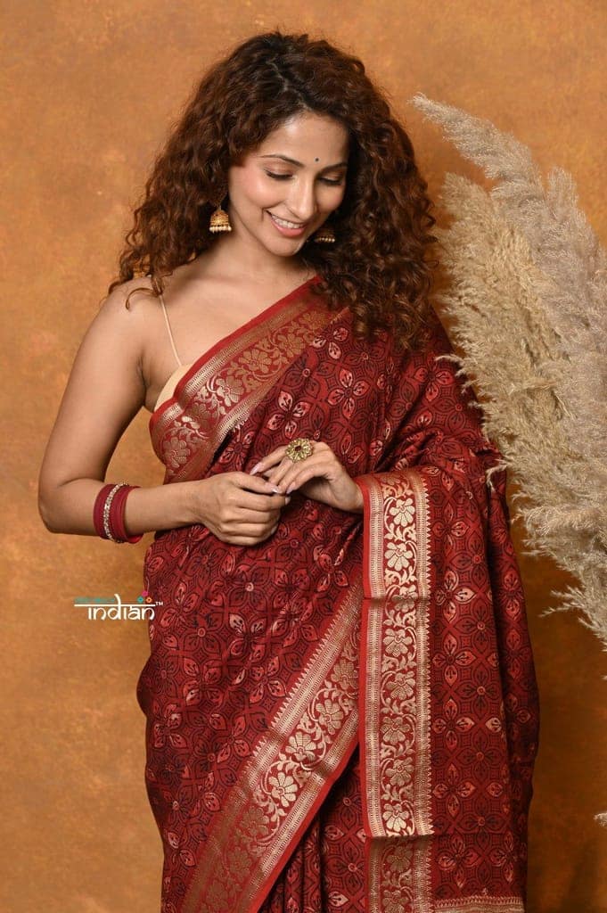 Mastaani ~ Modal Silk Ajrakh Handblock Printed Natural Dyes With Designer Border - Red view 4