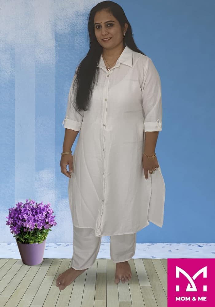 Mom and Me Women's Cotton Co-Ord Set | Plain Casual Summer Wear | 3/4 Sleeves | V-Neck | Office & Travel Wear | Western Co-ord Set for Women | Sizes S-XXL (White, M) view 2