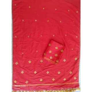 Red Chanderi Cotton-Silk Unstitched Dress Material with Golden Motifs