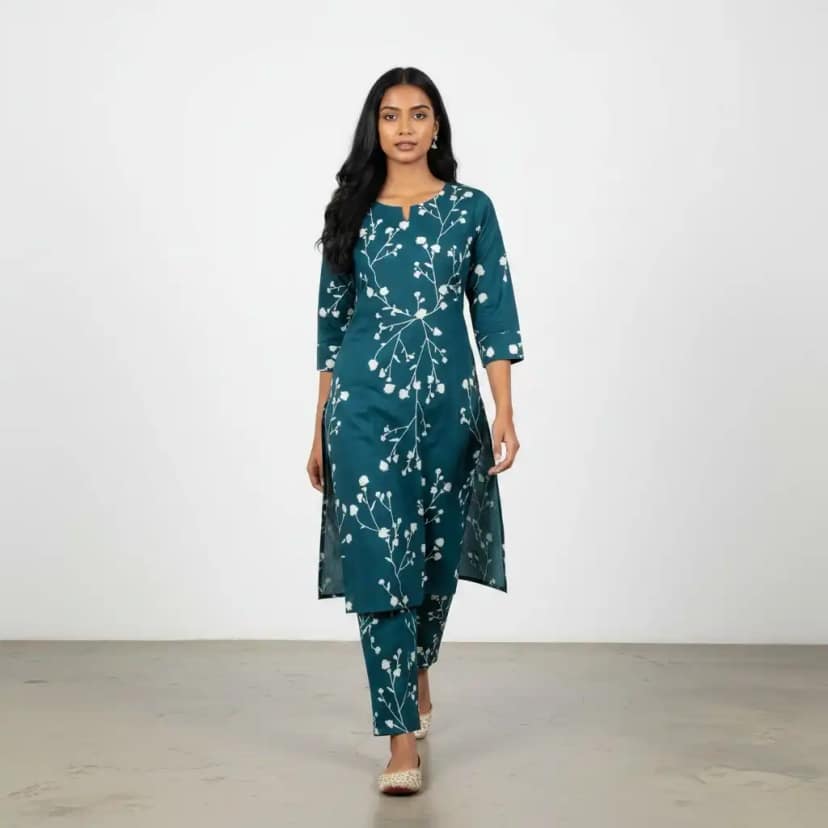 Indigo Blue Screen-Print Cotton Kurti and Trouser Set