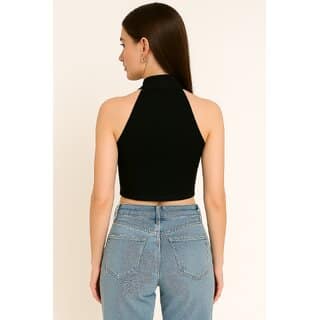 ATLIES Womens Black High Neck Halter Crop Top view 2