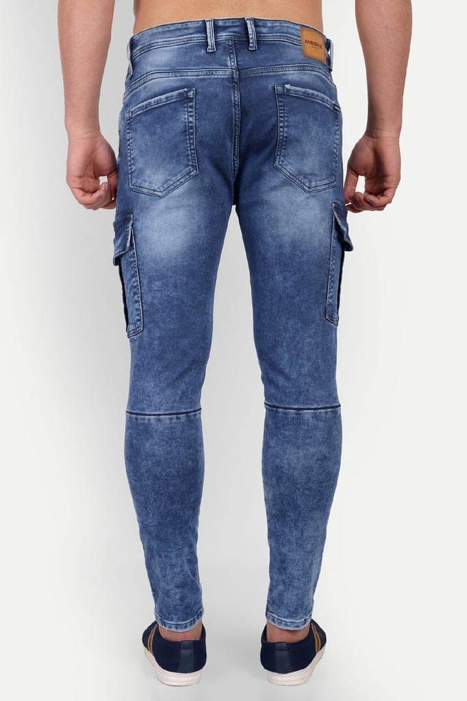 Men's Blue Slim Fit Solid Cargo Jeans view 2
